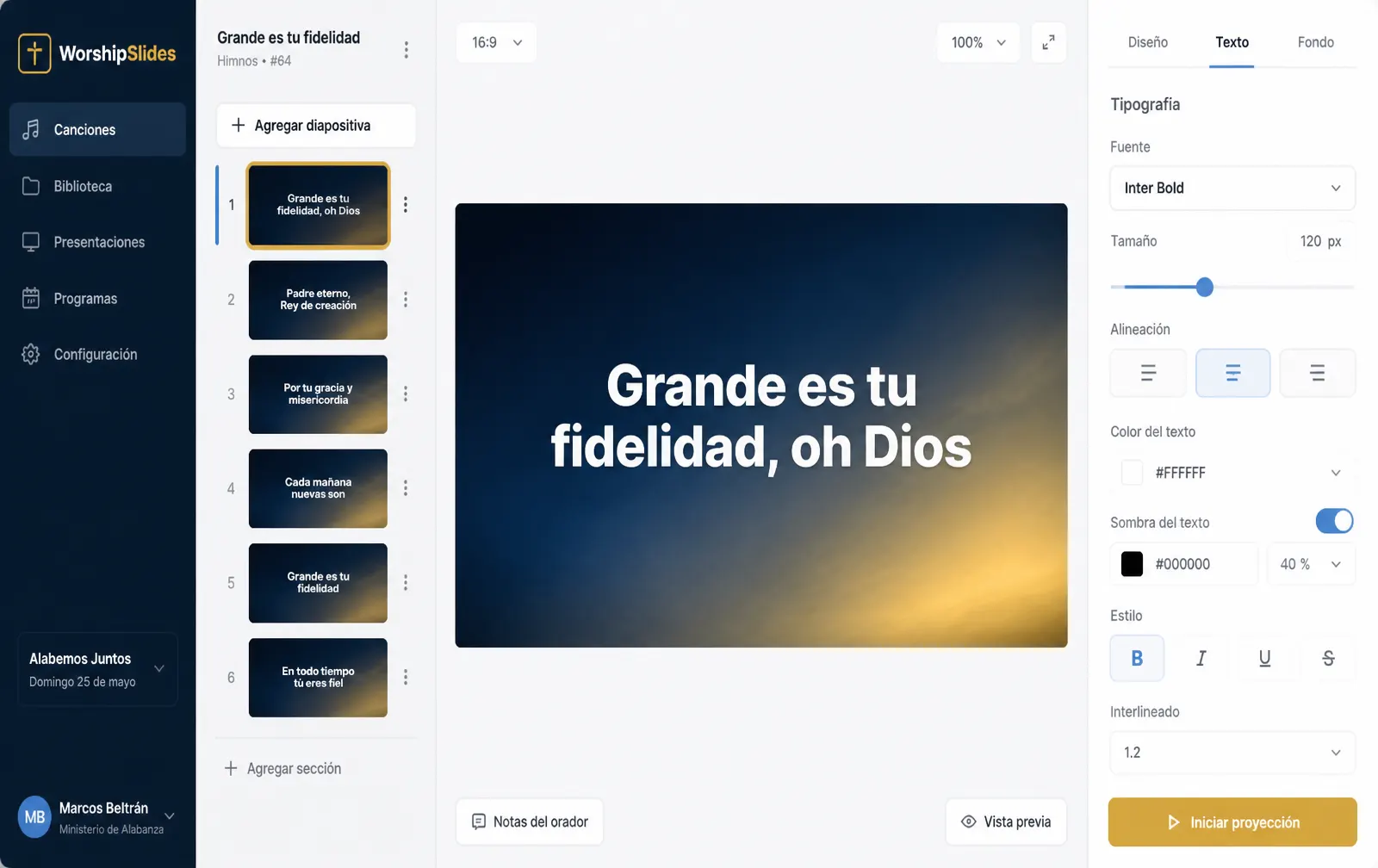 Editor de ProyectaCantos AI para crear y proyectar diapositivas de cantos cristianos